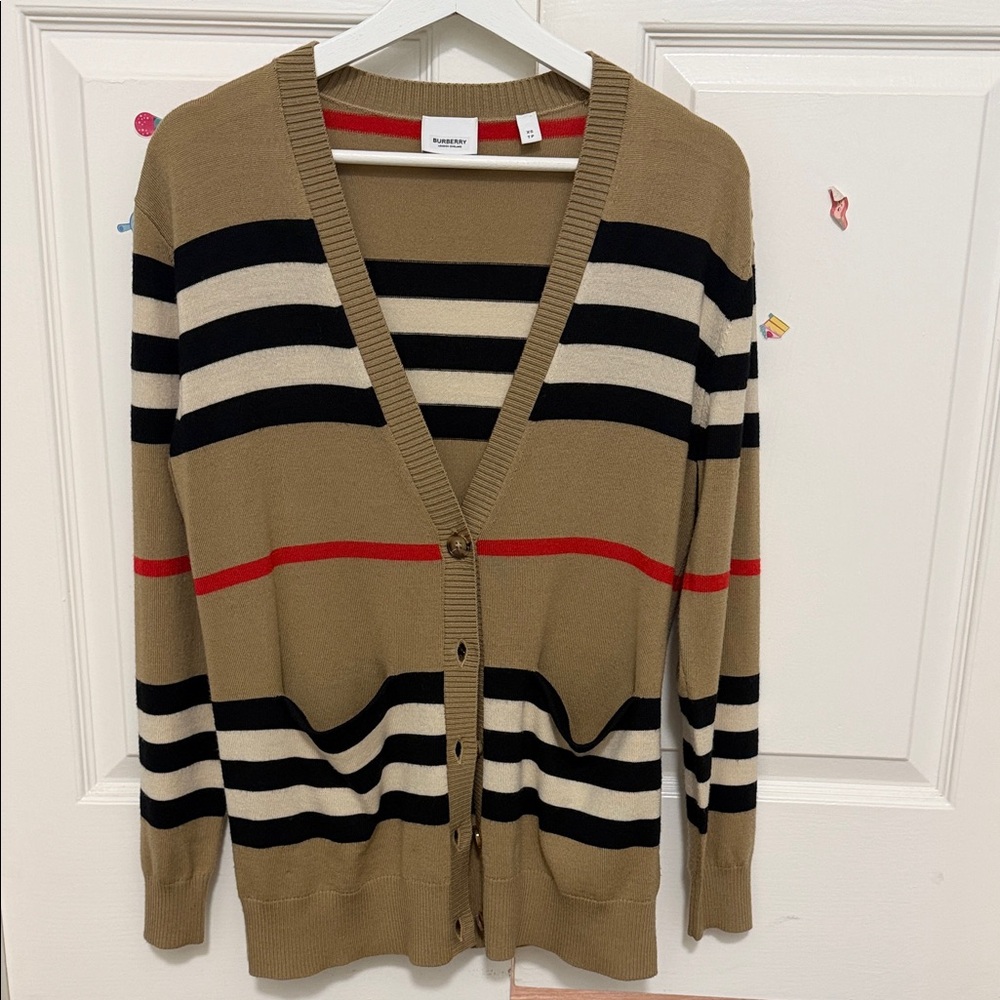 Burberry Striped V-Neck Cardigan in Tan, Black, Cream & Red